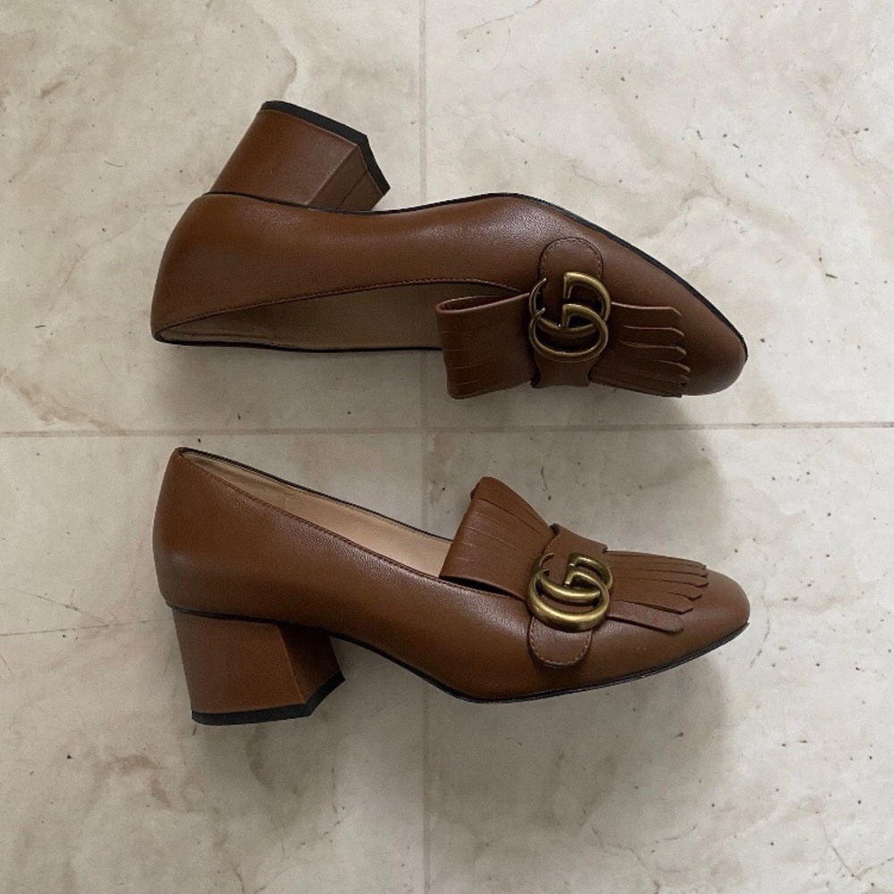 Gucci GG Marmont Brown Leather Fringe Block Heel Square Toe Pumps Loafers Size 7